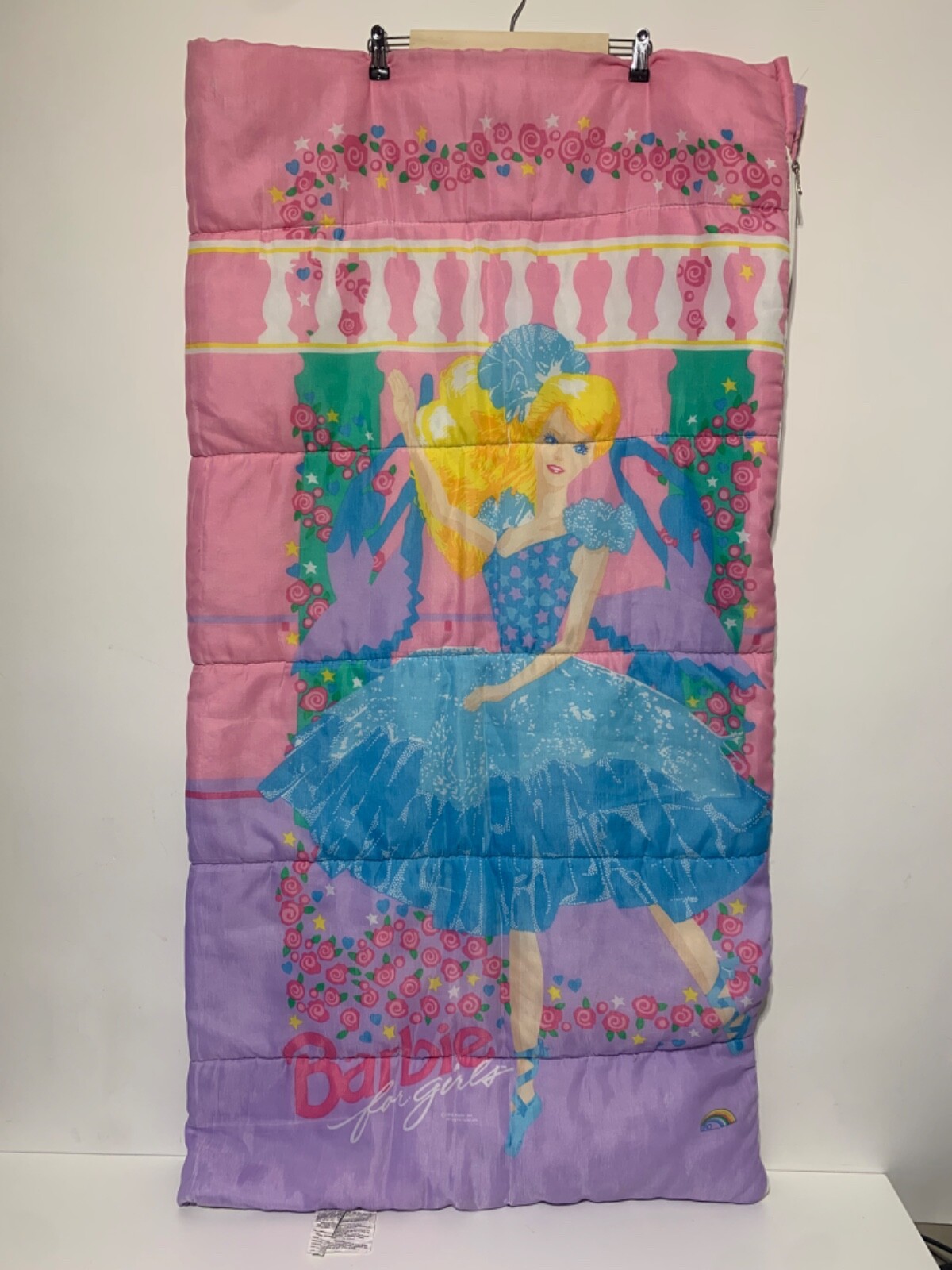 Mattel Barbie 1992 Vintage Pink Multicolored Zip Sleeping Bag Loose Threads