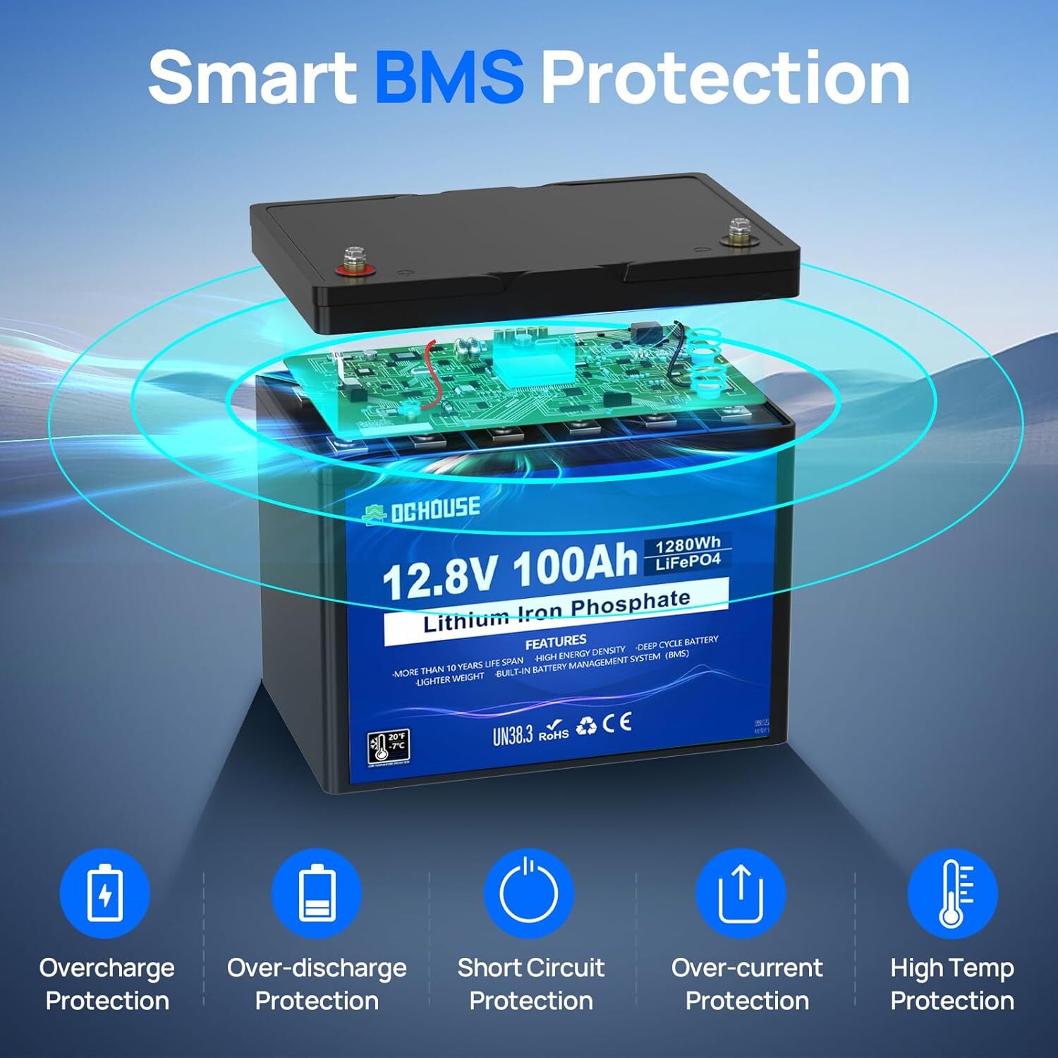 12V 100Ah LiFePO4 Lithium Battery Low-Temp Protection Trolling Motor Solar Panel