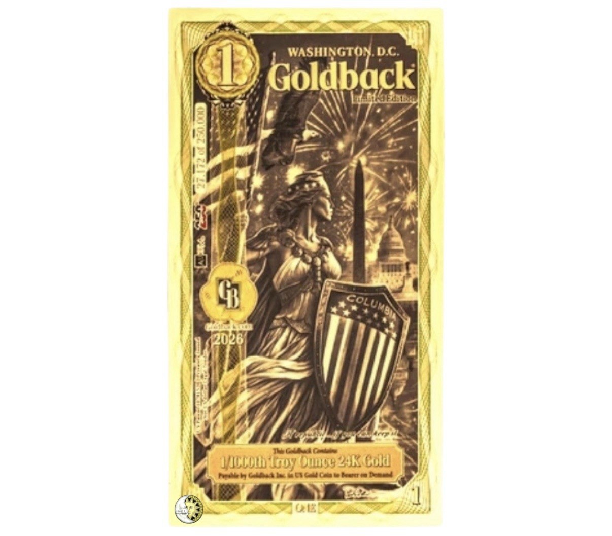 1 WASHINGTON DC GOLDBACK AURUM 24K GOLD 1/1000 OZ BU + GB SLEEVE 🔥