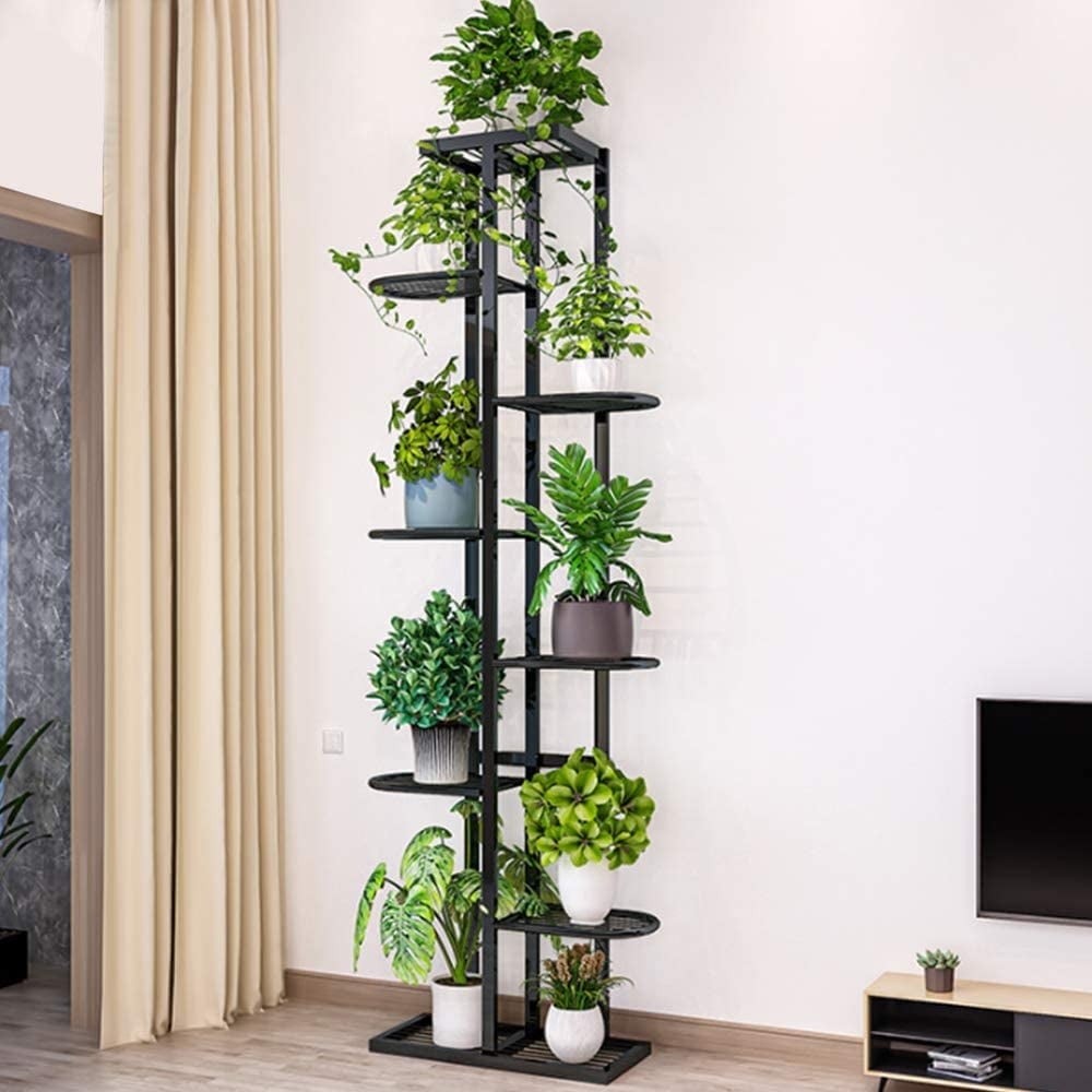 Indoor Outdoor Garden Plant Stand 8 Tier Metal Shelves Black Space Saver