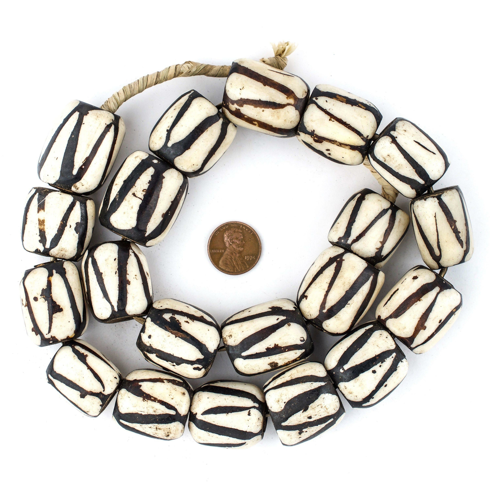 Diagonal Stripe Batik Bone Beads Barrel 24mm Kenya African Black and White