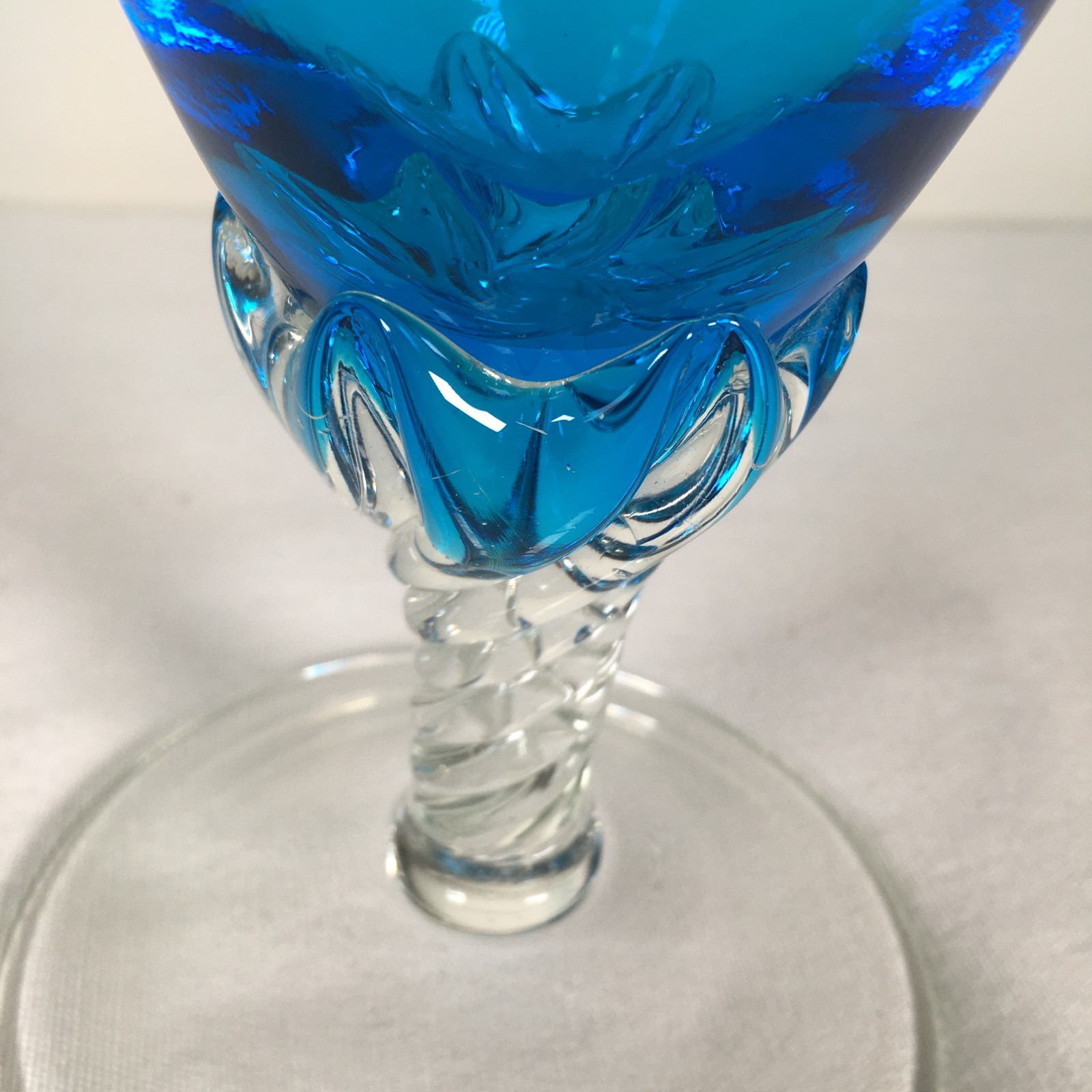 Vintage MCM Empoli Turquoise Glass Decanter w/Clear Flame Glass Stopper 20"