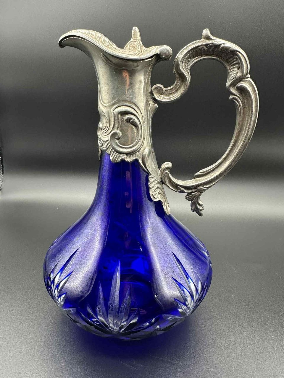Antique Bohemian Cobalt Cut Glass Pitcher Pewter Mounted Art Nouveau 8.75”