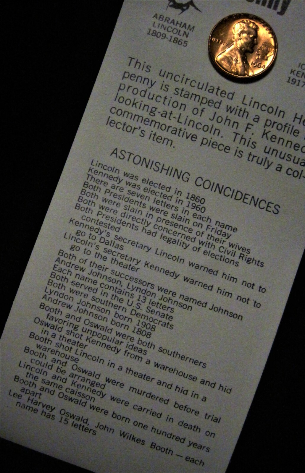 Red Unc 1964 Lincoln Kennedy Penny Astonishing Coincidences JFK Cent Card