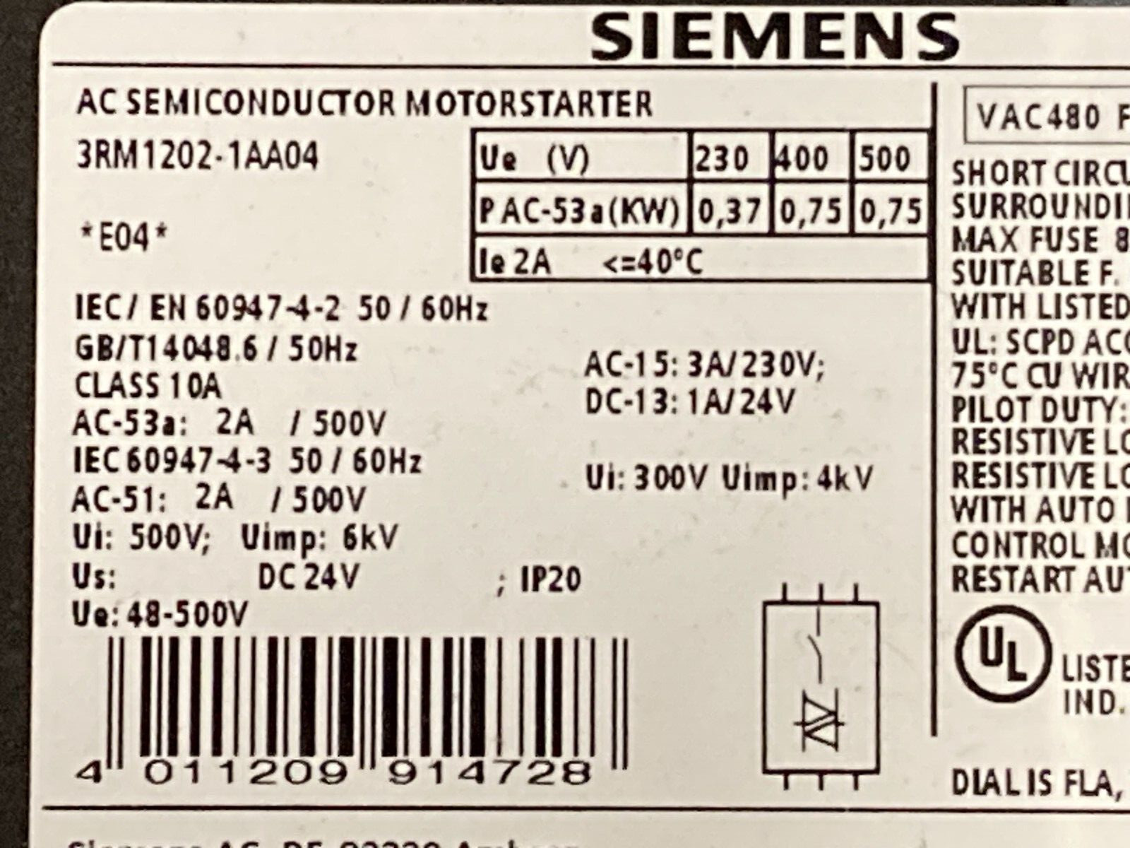 Siemens 3RM1202-1AA04 Reversing Starter - New NIB
