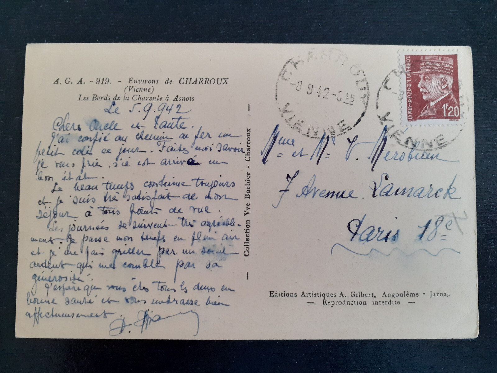 France - 1942 - Postcard from Charroux to Paris - Mi. 522