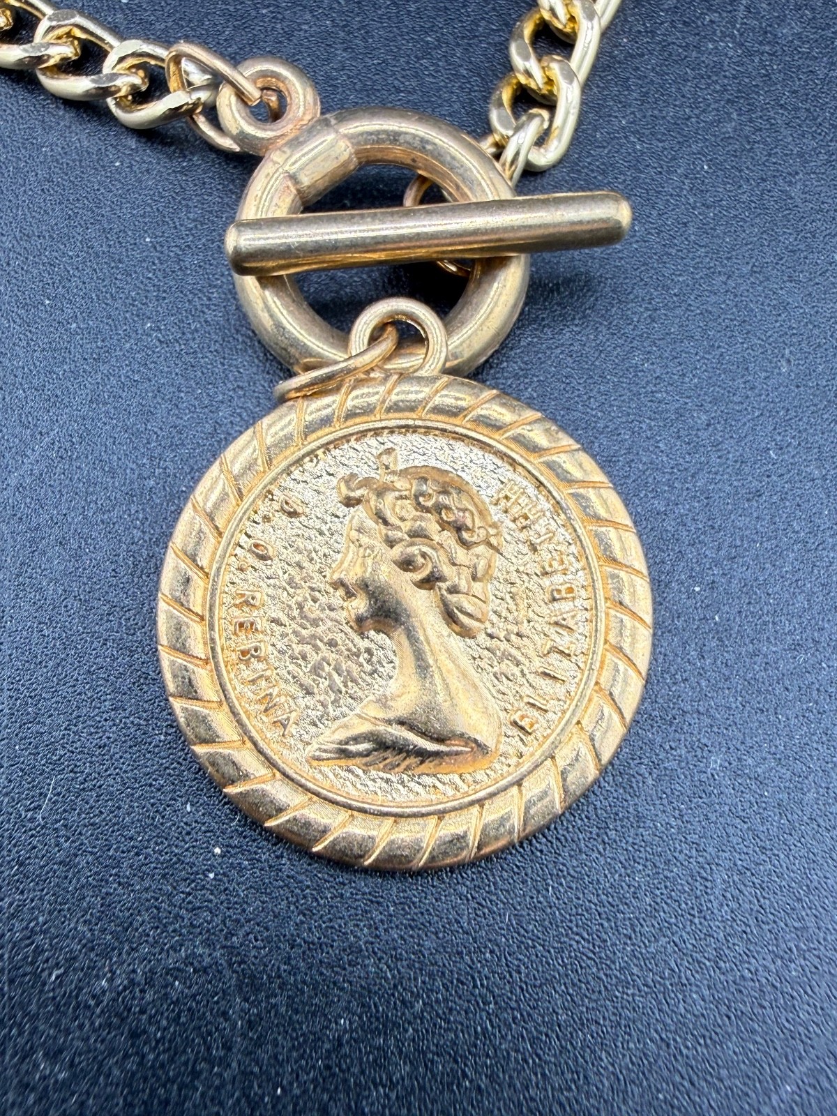 Vintage Elizabeth Imitation Coin Necklace Gold Tone 18”