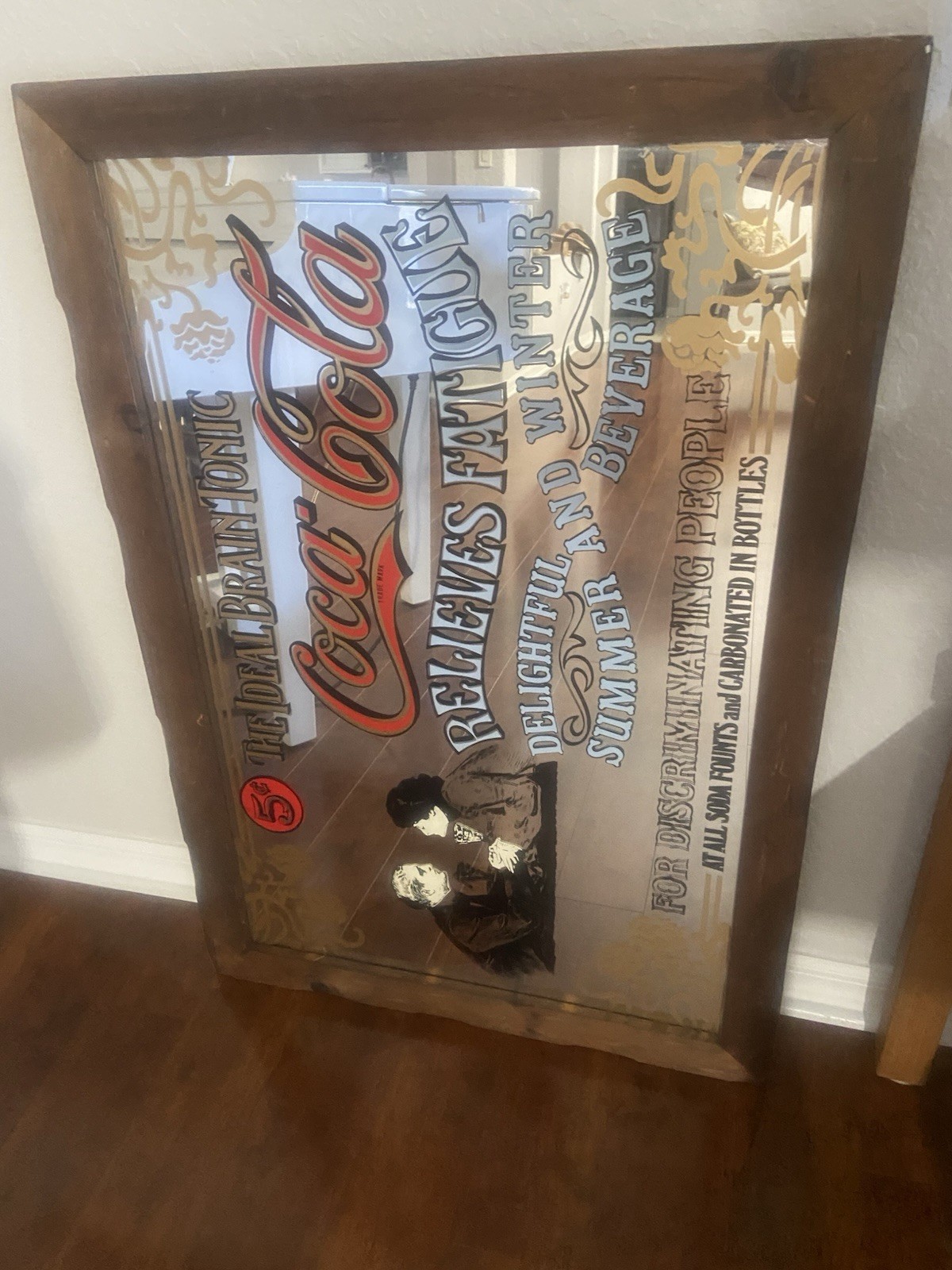 Coca-Cola Mirror Sign with Wood Frame "The Ideal Brain Tonic" Advertising