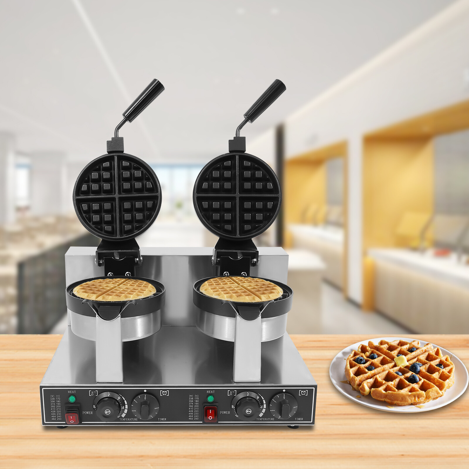 Commercial Dual Head Belgian Waffle Maker Rotating Double Waring Breakfast Maker