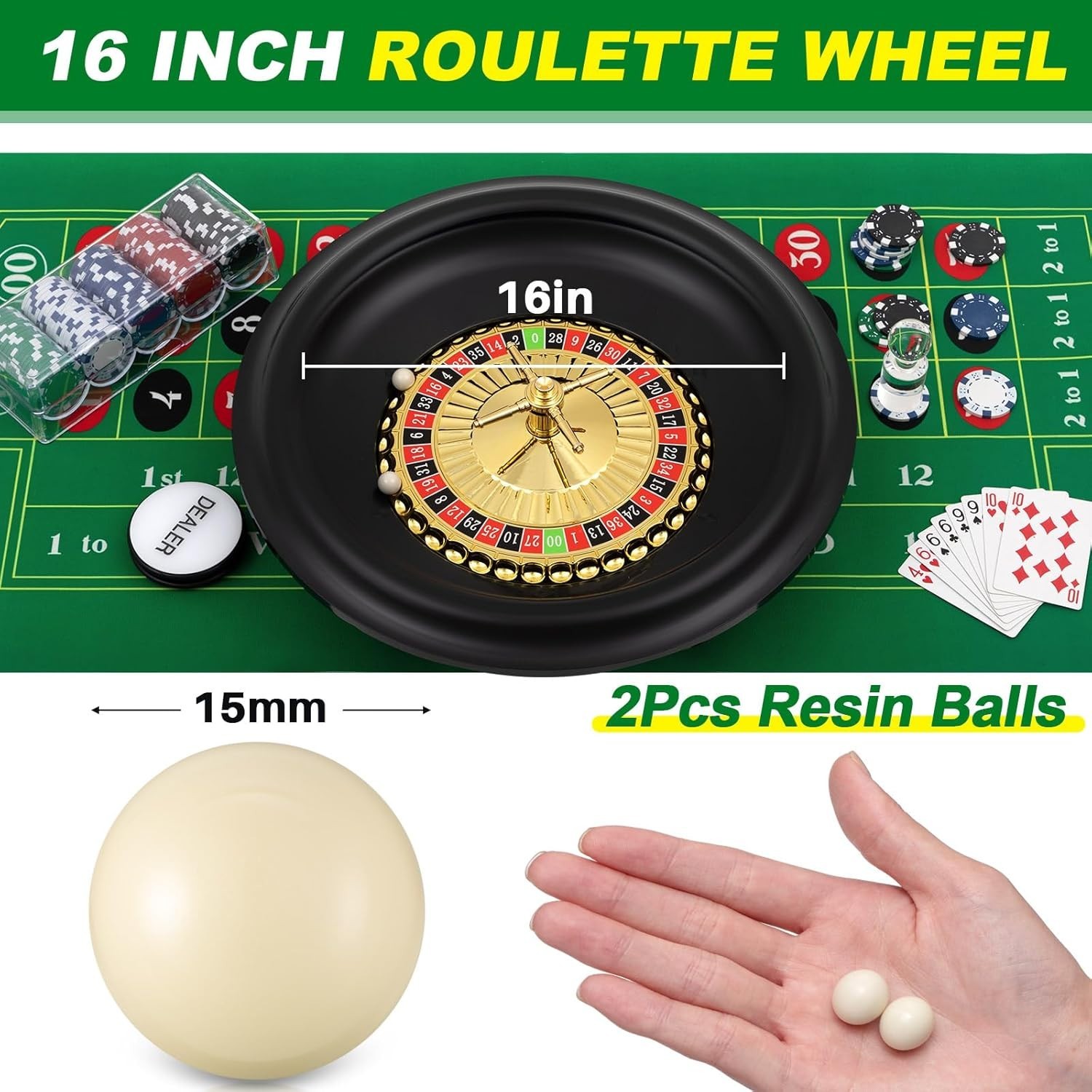 Roulette Wheel Game Set Include 16'' Black Roulette Wheel 35" x 16" Rubber Table