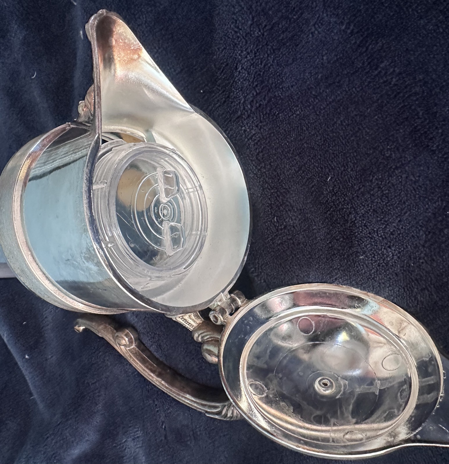 Vintage Crystal Decanter w/ Silverplate Spout & Handle Ice Core Insert