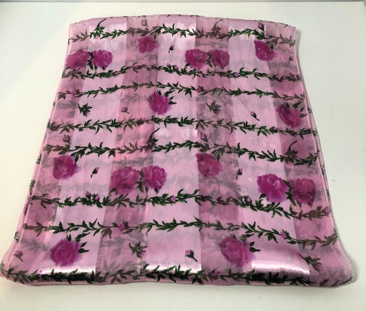 Vintage Pink and Green Scarf, Flower Design, Nylon/Polyester Blend, 57.5" x 12"