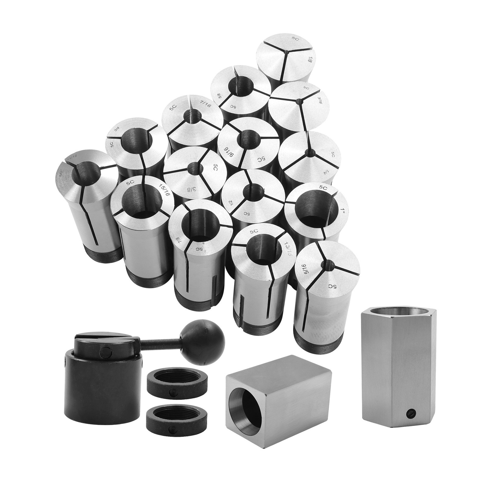 15 × 5C Fractional 1/8 - 1" Precision Collet Set & 5 Pcs Collet Block Set