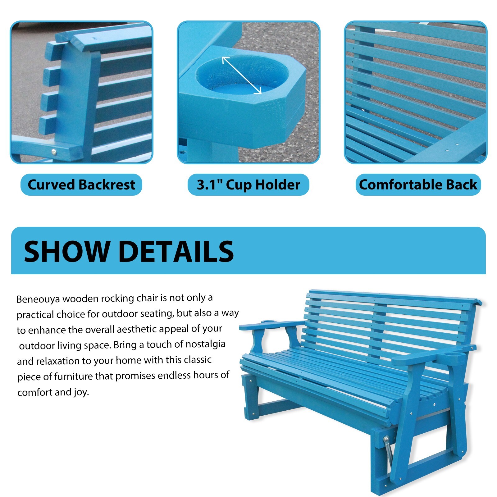 Beneouya 5FT Outdoor Glider Bench with High Roll Back