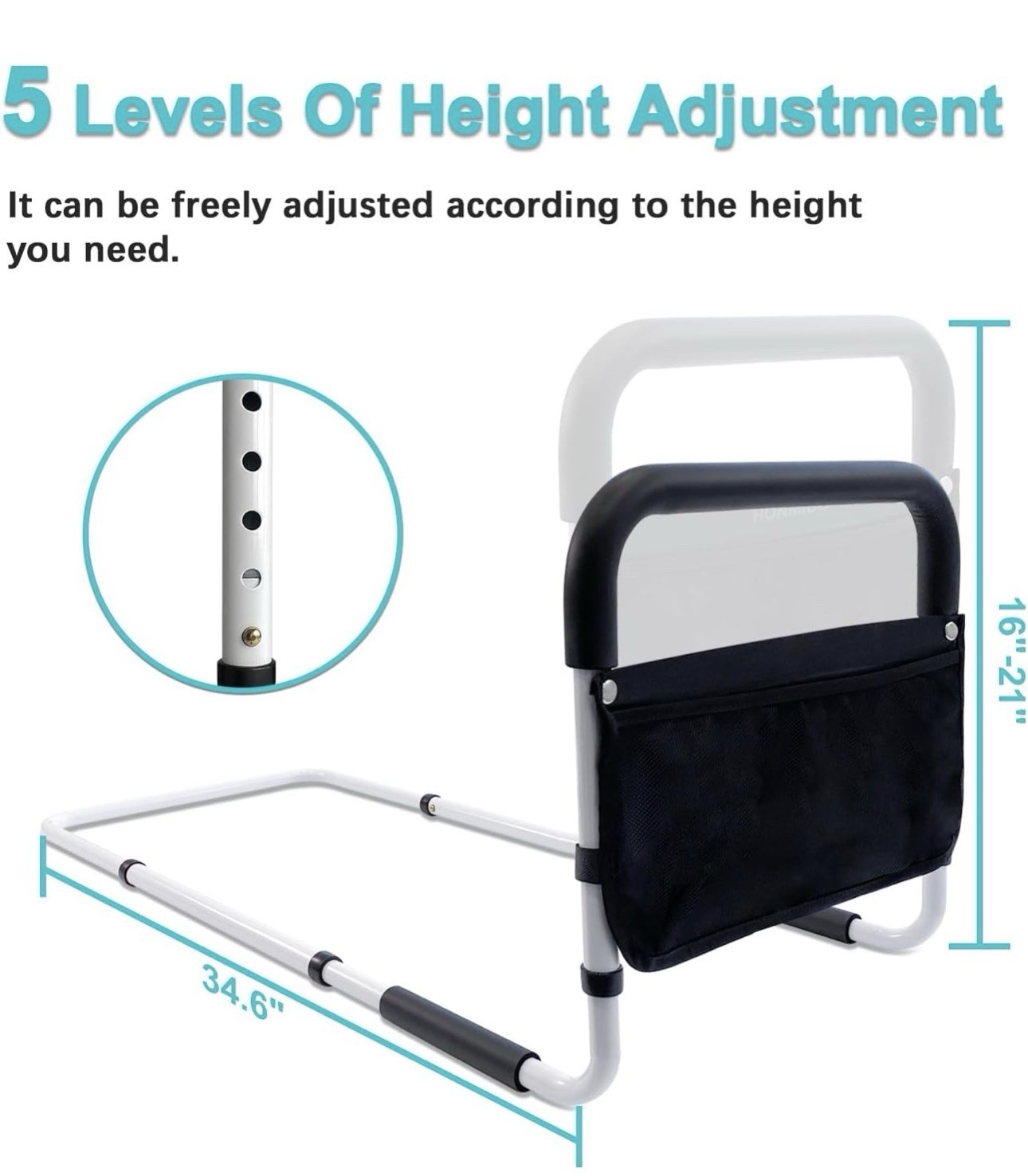 Adjust Bed Rails for Elderly Adults Seniors Rail Assist Safety w/Storage Pocket