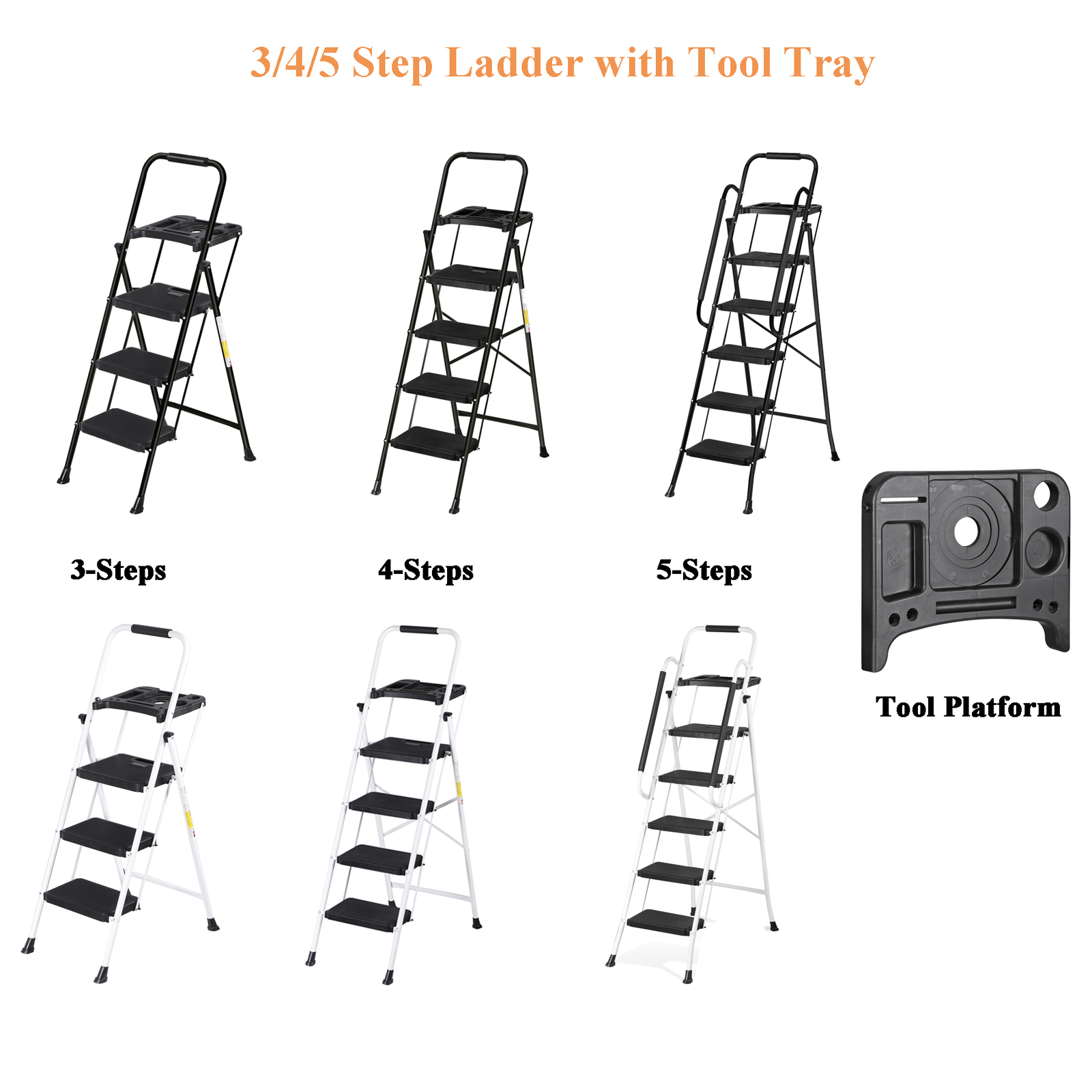 3/4/5 Step Ladder with Tool Platform Anti-Slip Sturdy & Wide Pedal Stool 330LBS