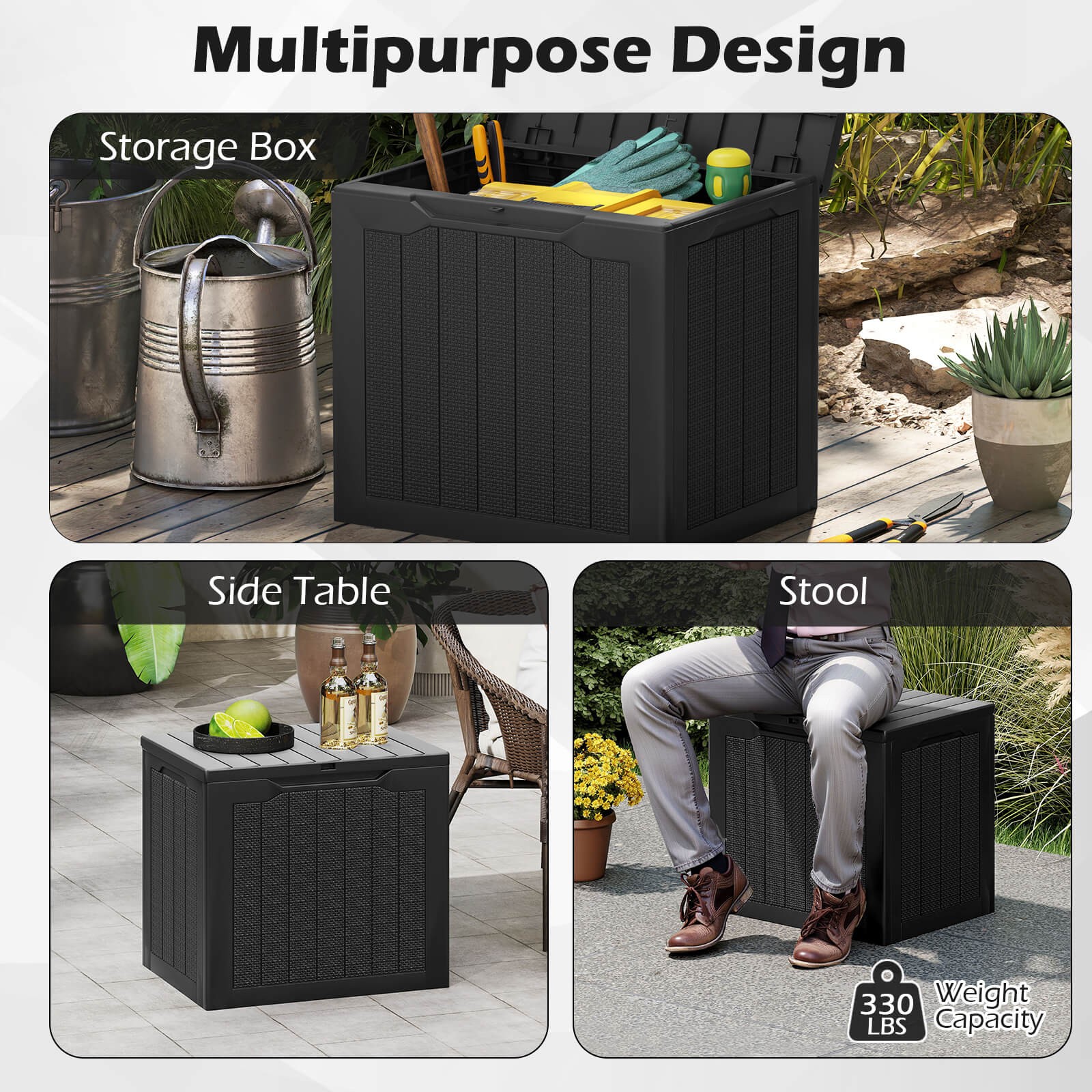 Outdoor Storage Box w/Lockable Lid & Wicker-woven Texture for Pool Accessories