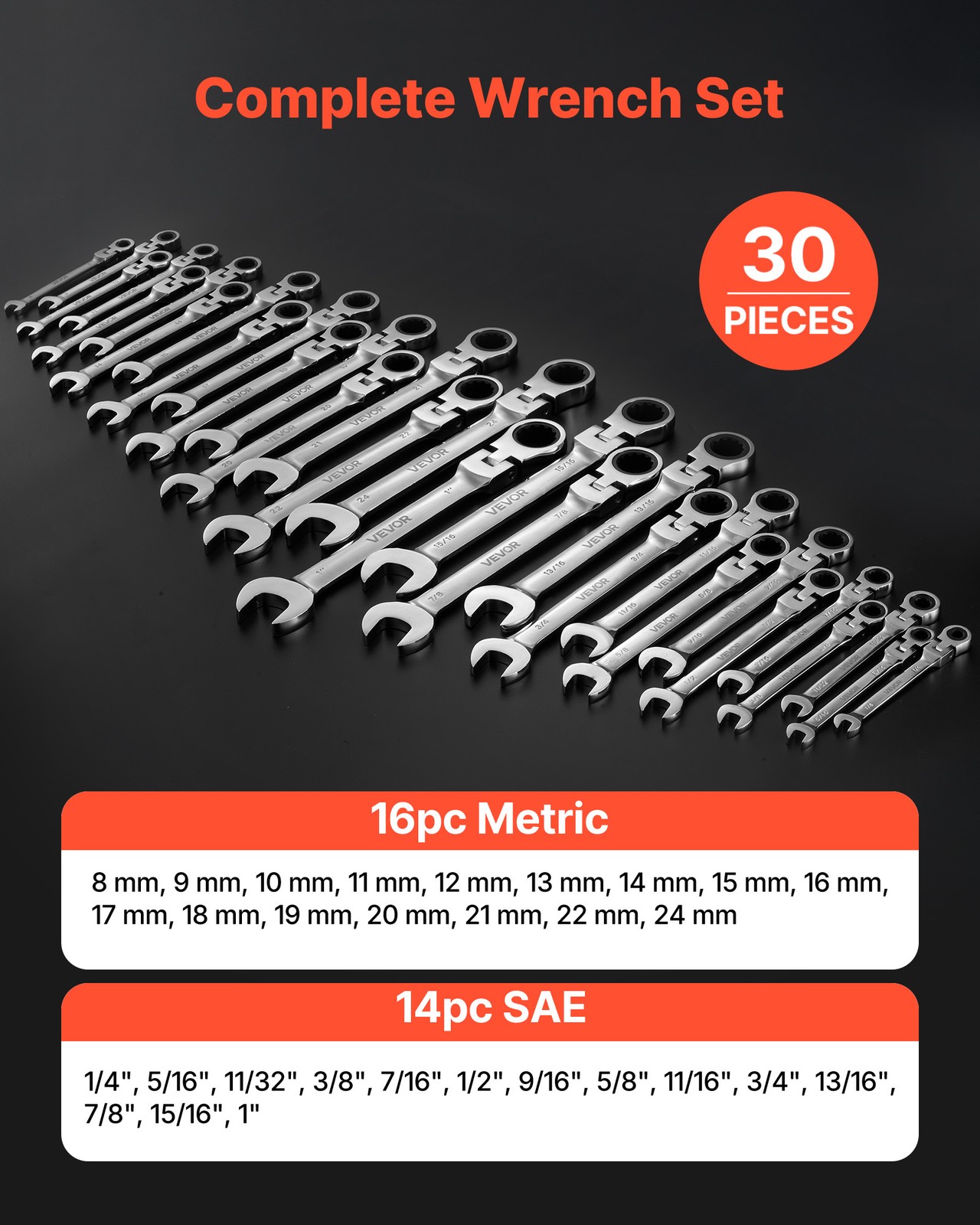 VEVOR Flex-Head Ratcheting Wrench Set Combination Wrench Set 30-Piece SAE Metric