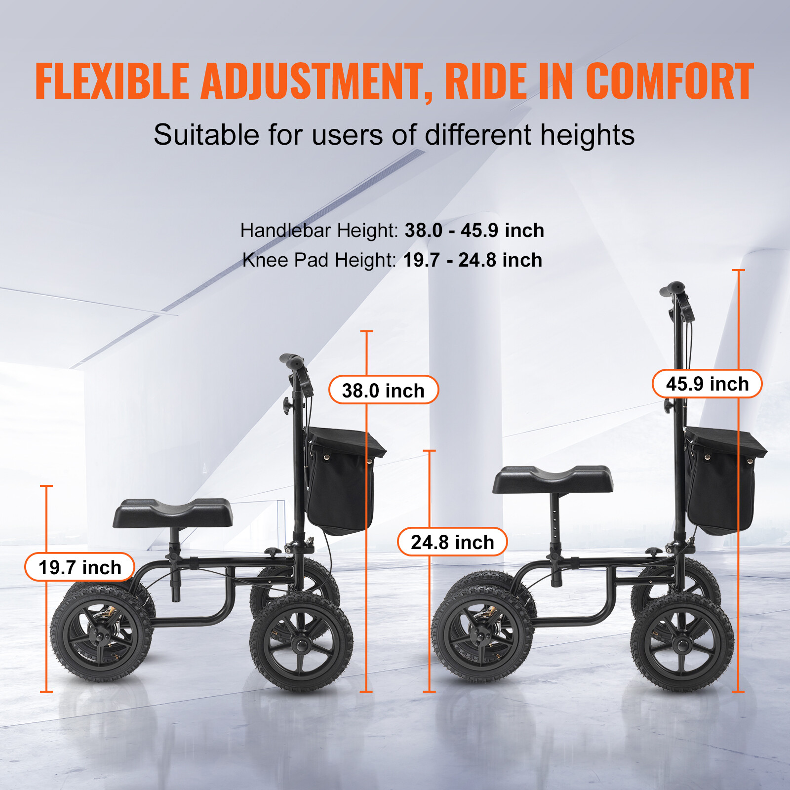 VEVOR Knee Scooter Carbon Steel Folding Knee Walker Recovery Scooter 350LB Loads