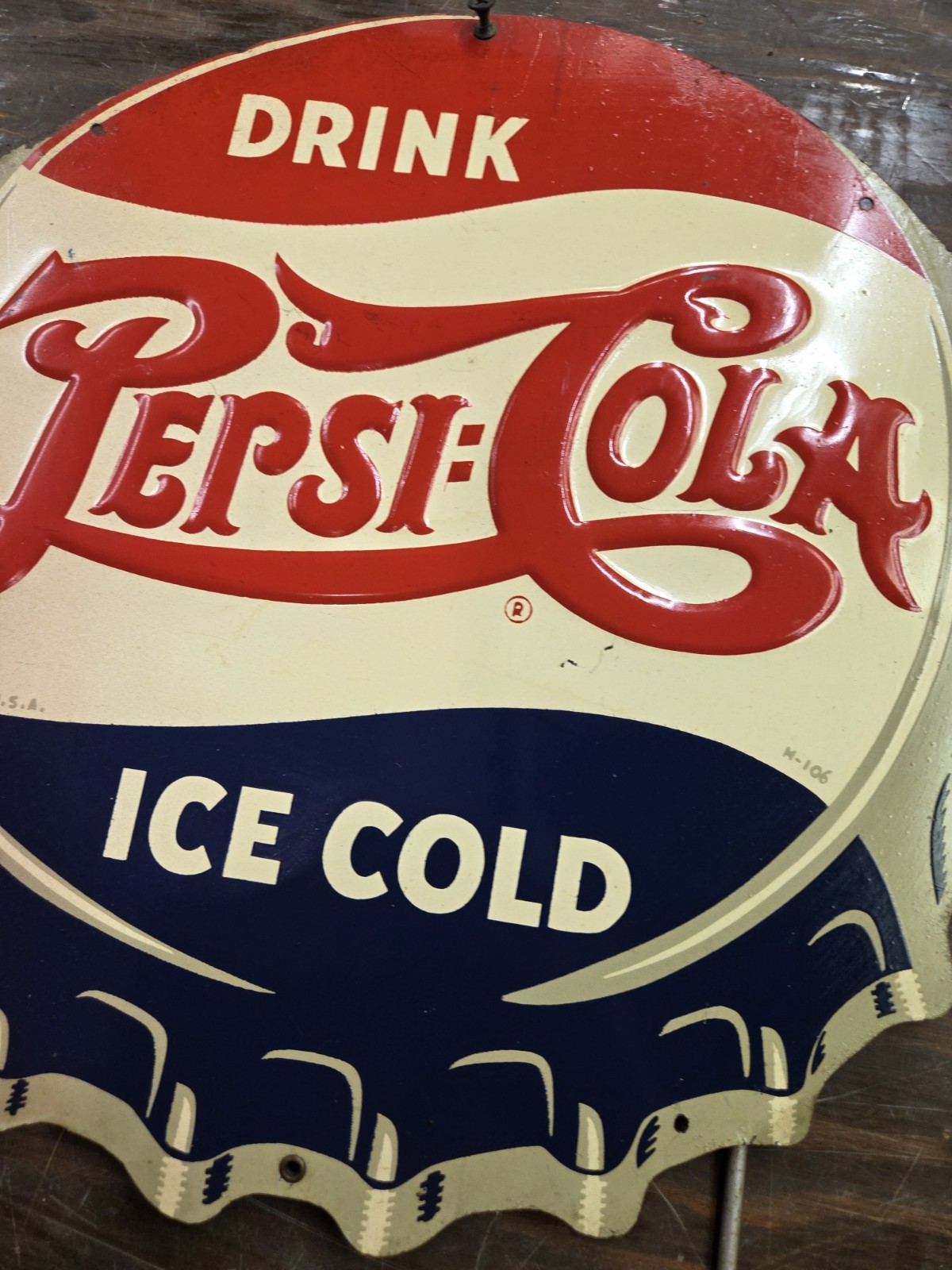 1940’s Embossed Double Dot Pepsi Cola Bottle Cap Sign Rack Topper