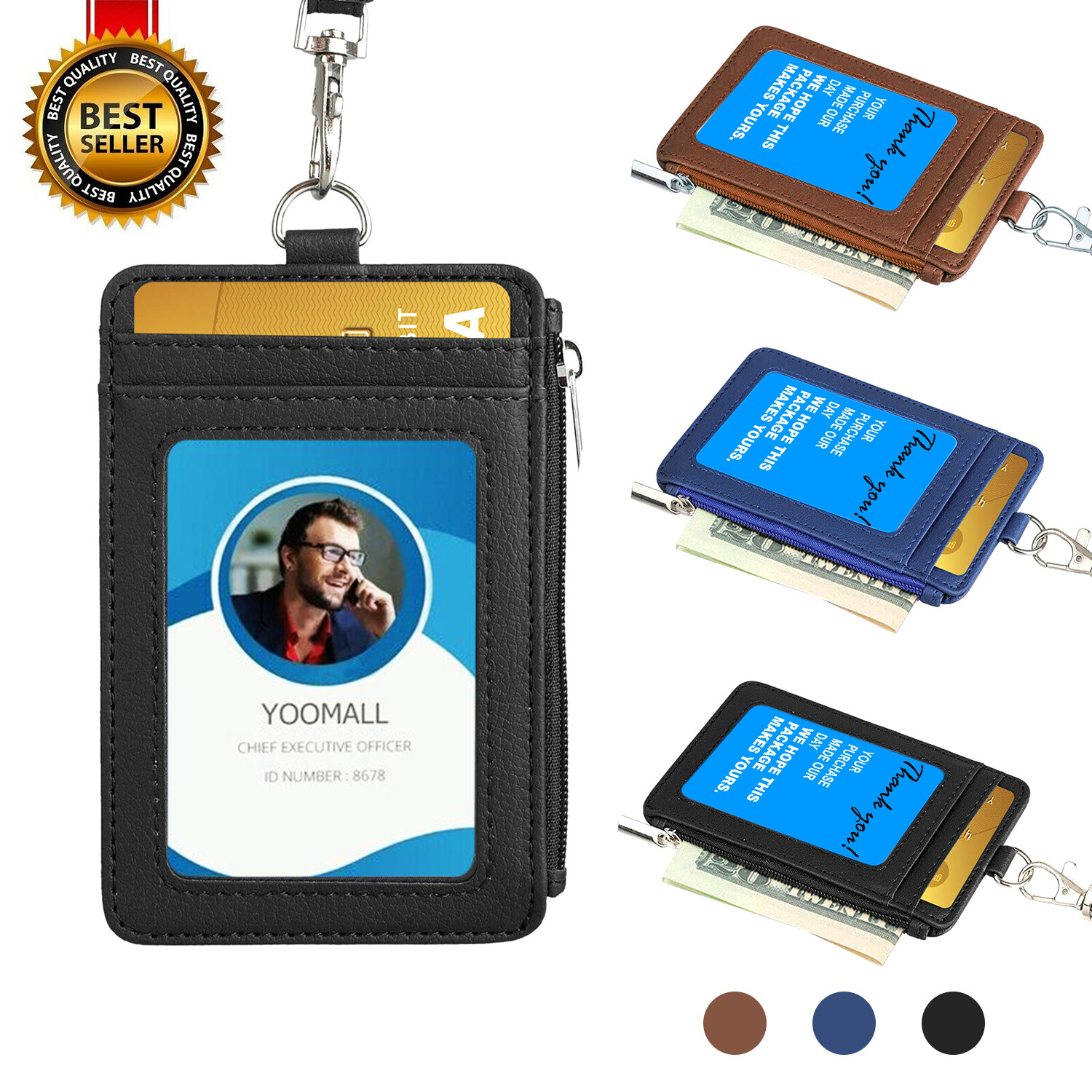 ID Badge Card Holder Synthetic Leather Vertical Clip Neck Strap Lanyard Case