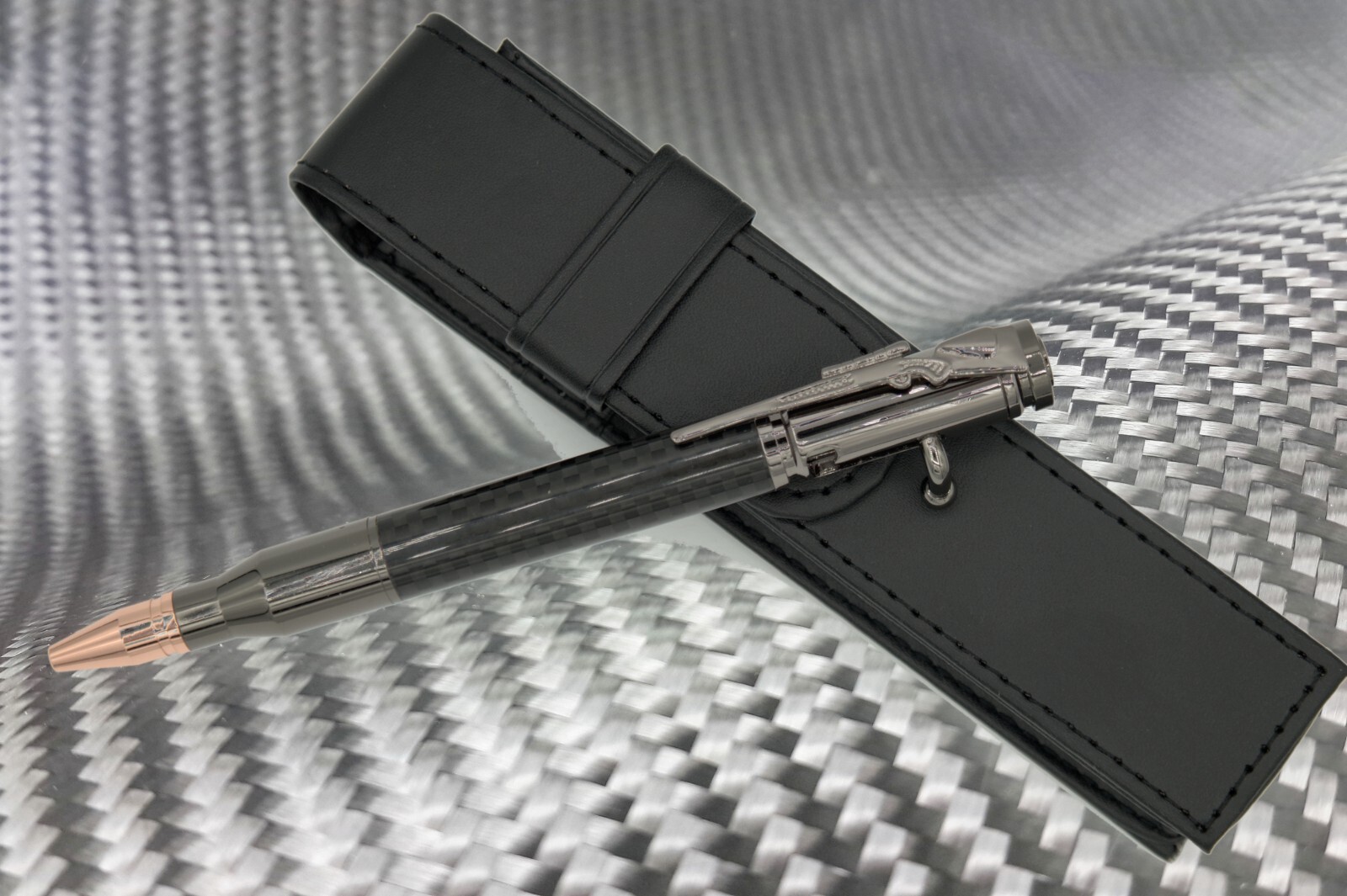 Bolt Action Pen in Gun Metal with Carbon Fiber Barrel PU Leather Case