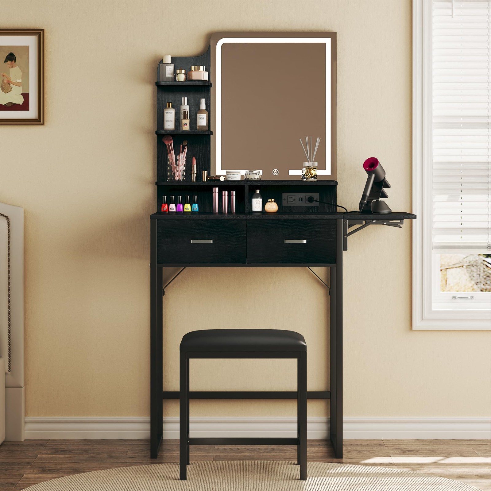 Makeup Vanity Desk with Mirror and Lights, Small Vanity with Chair & Shelves