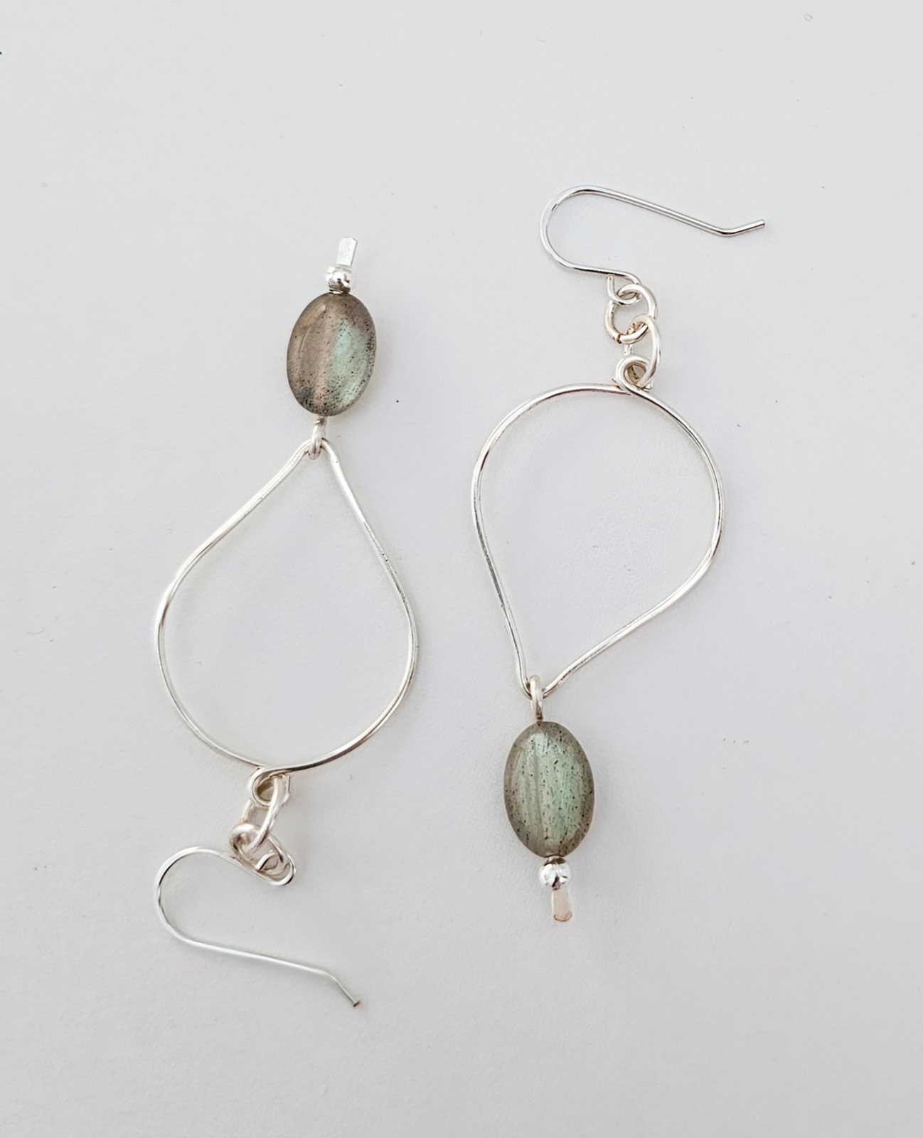 Handmade Silver Teardrop Hoop Dangle Boho Earrings with Labradorite Gemstones