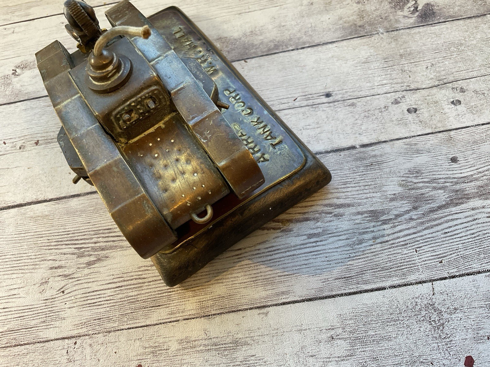 ORIGINAL AMAZING WWI TRENCH ART MK1 TANK LIGHTER 1917 BATTLE MARKED / NAMED