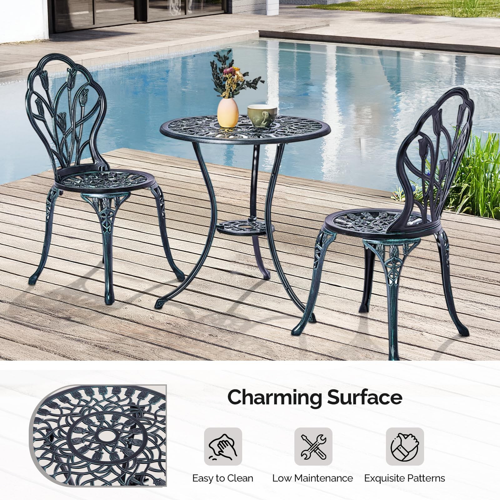 Patio Table and Chairs Set, Cast Aluminum Outdoor Cafe Table and Chairs Set of 3