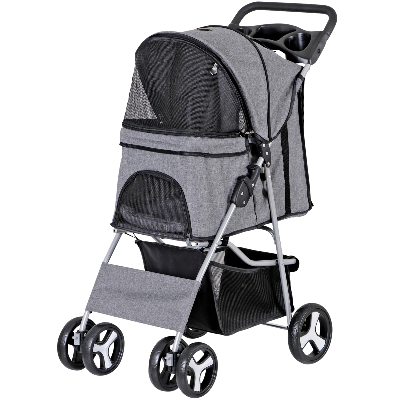 Foldable Carrier Strolling Cart 4 Wheel Pet Stroller for Dog w/ Cup Holder Gray