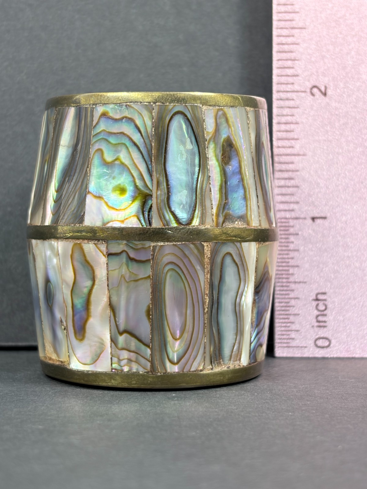 Vintage Brass and Abalone Barrel Shaped Shell Shot Glass Made in Mexico