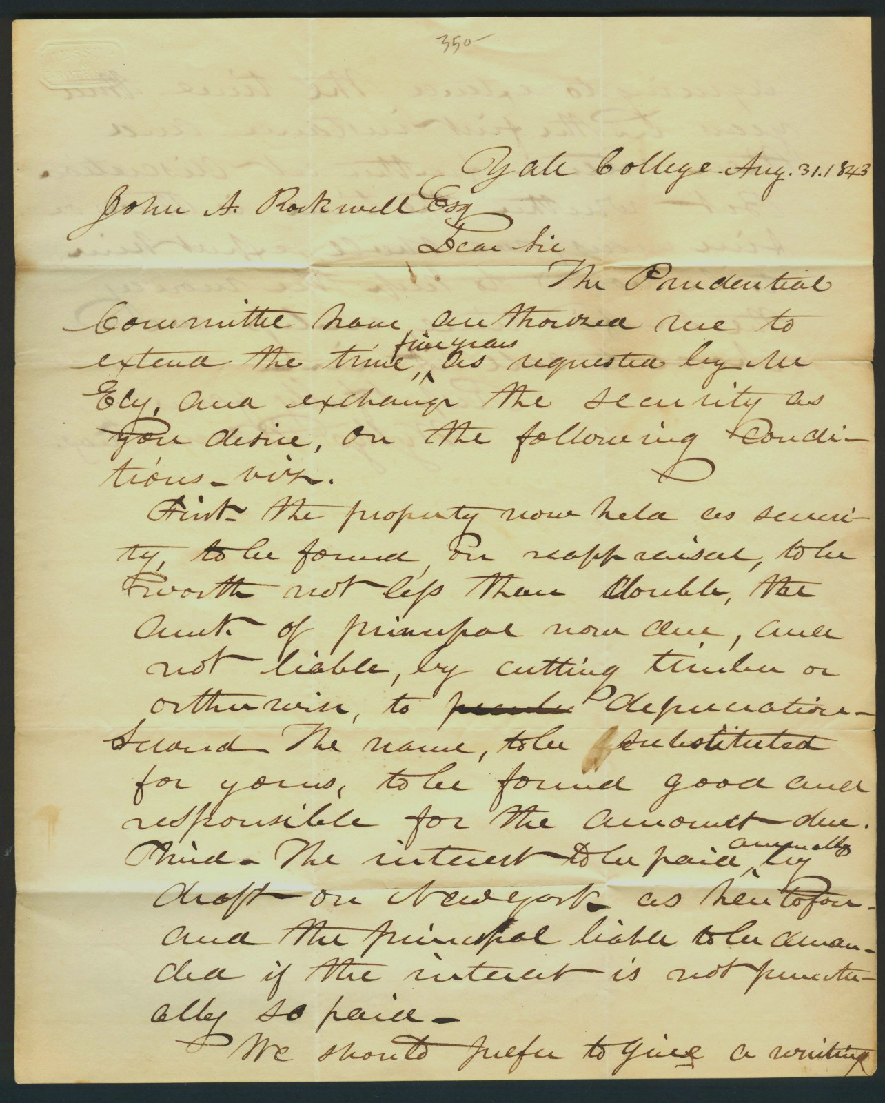 YALE Wyllys Warner John Rockwell Autograph Letter 1843 Signed ALS Politics