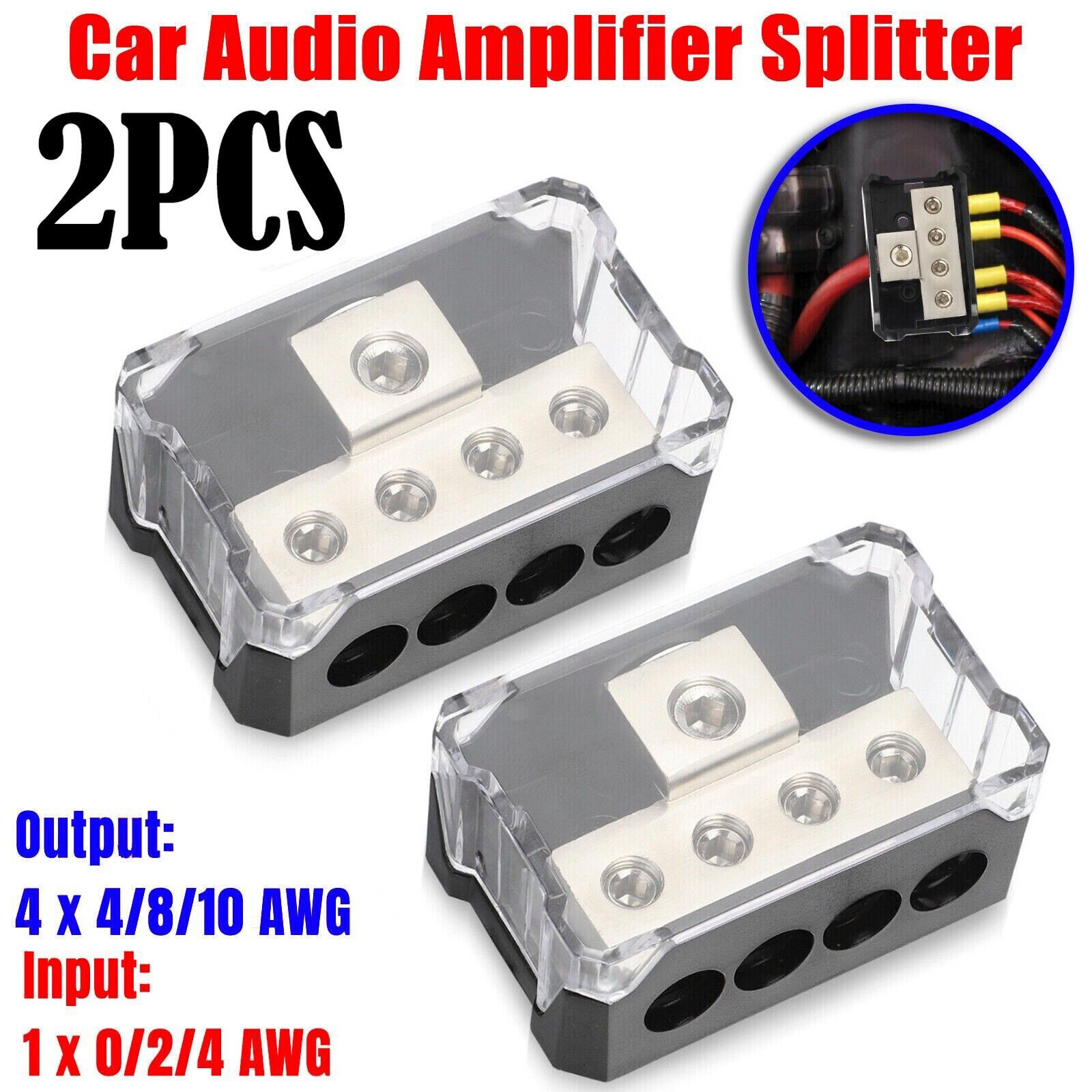 2Pcs Power Ground Amp Distribution Block 0/2/4 Gauge Input 4/8/10 Gauge Output