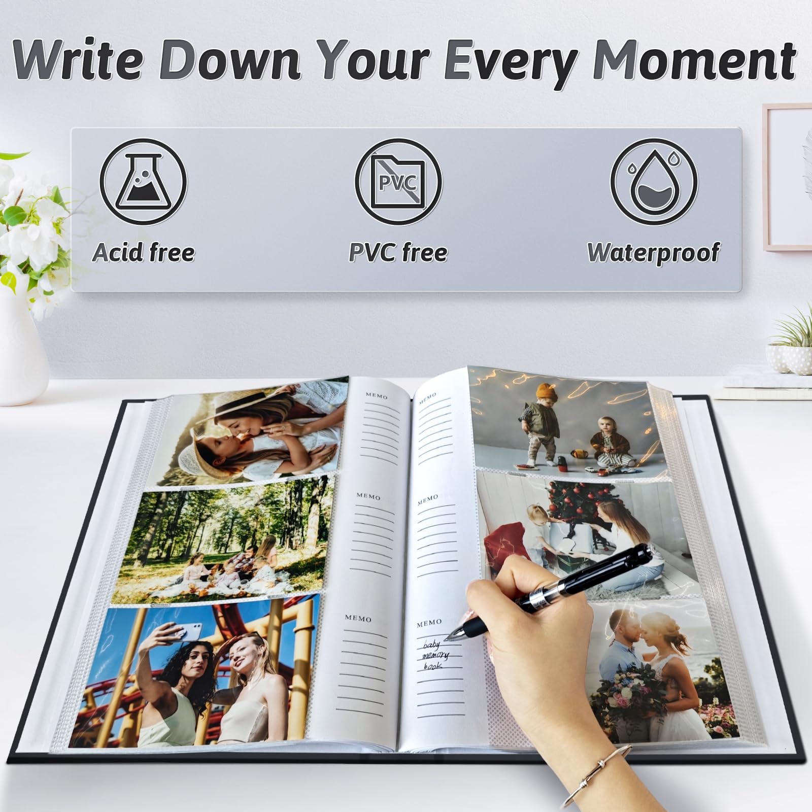 Popotop 4x6 Photo Album 300 Photos w/ Writing Space, Leather Cover