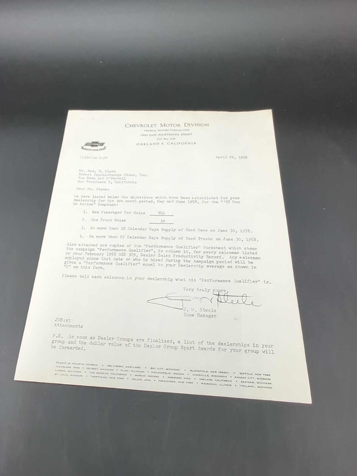 1958 Chevrolet Bulletin Letter Catalog Dealership