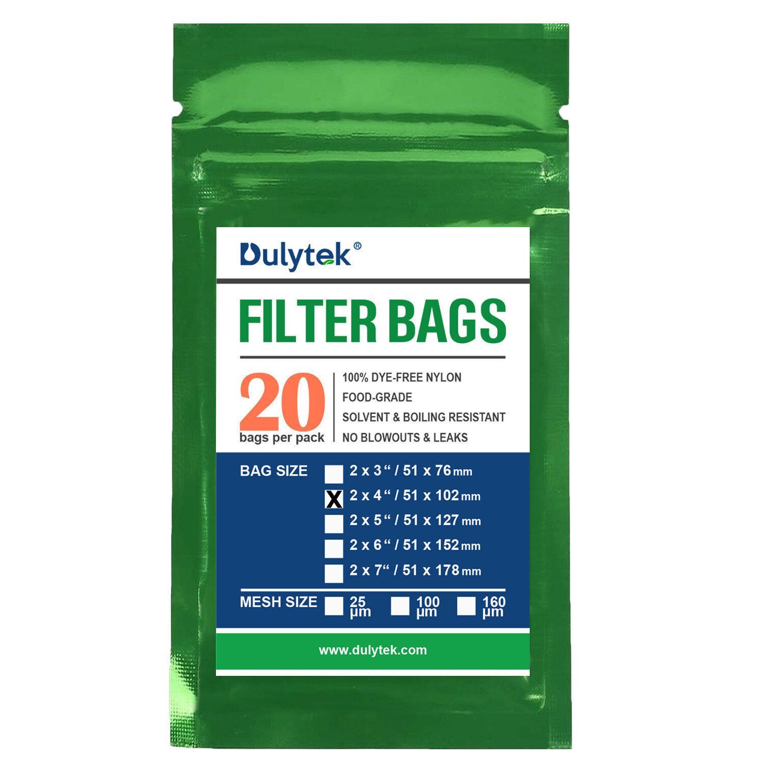 Dulytek Premium Nylon Filter Bags, 2" x 4" -- 25 / 100 / 160 Micron Mesh