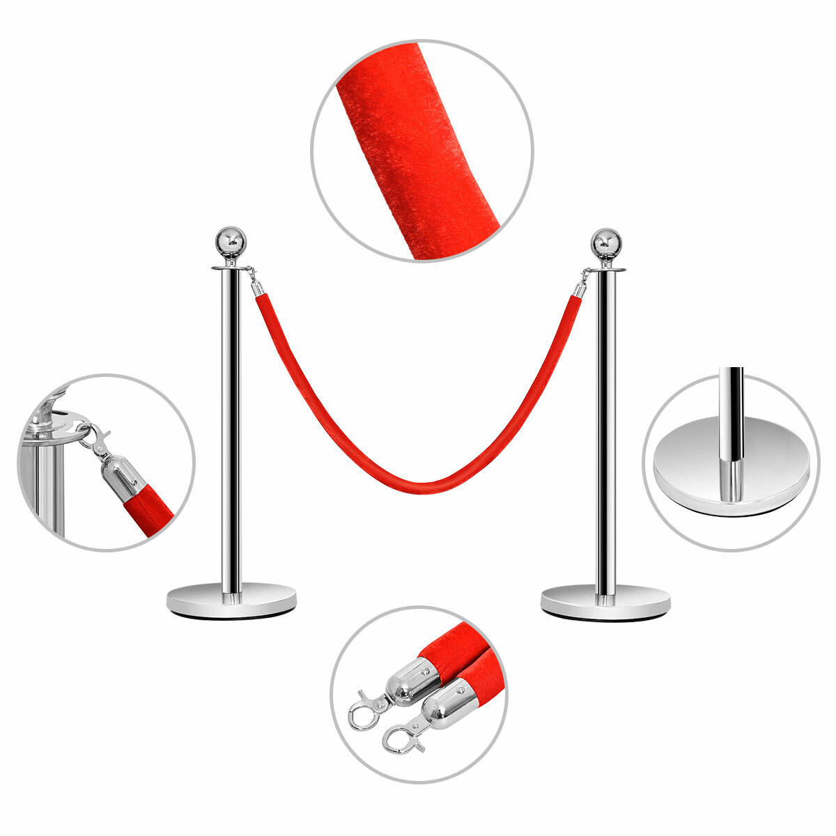 6Pcs Stanchion Posts Queue Pole Retractable 3 Velvet Ropes Crowd Control Barrier