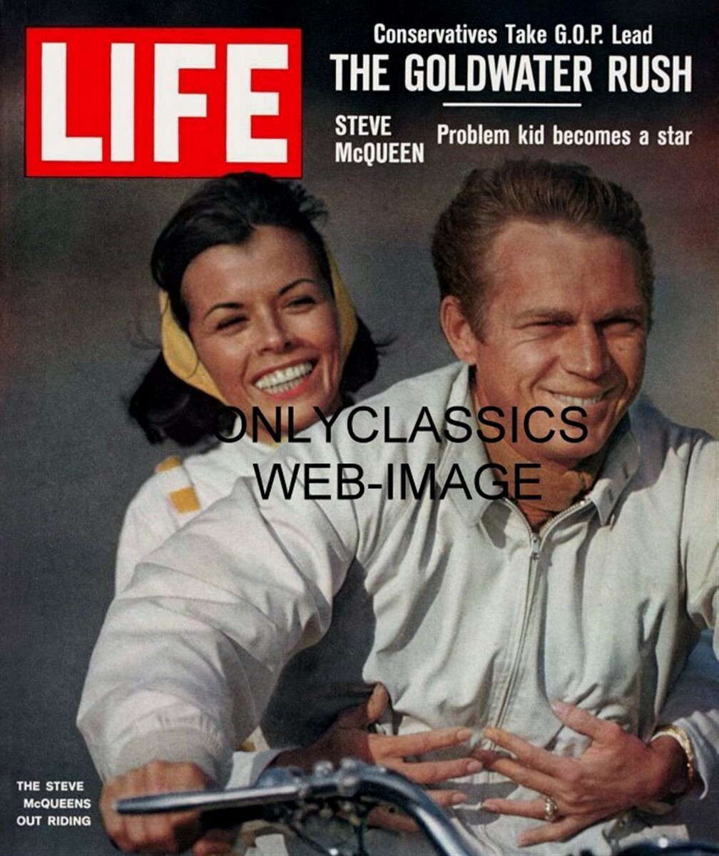 SMILING STEVE MCQUEEN & NIELE ADAMS MOTORCYCLE LIFE MAGAZINE COVER PHOTO POSTER