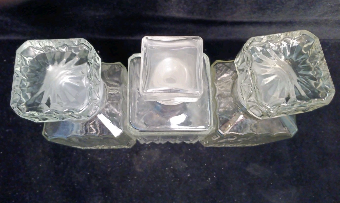 3 Square Heavy Crystal Glass 1 Glass Decanter 9"x3.5" Stoppers Great Condition
