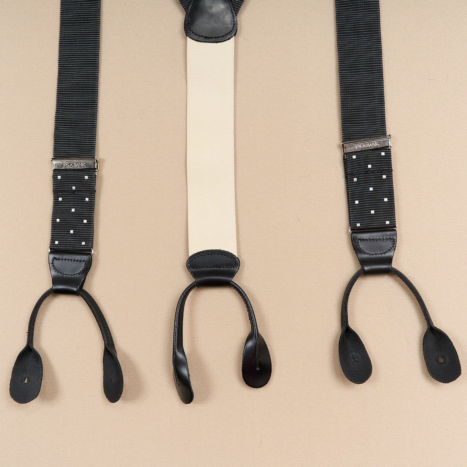 JOS A BANK Suspenders Black Polka Dot Braces Leather Button Tabs Adjustable