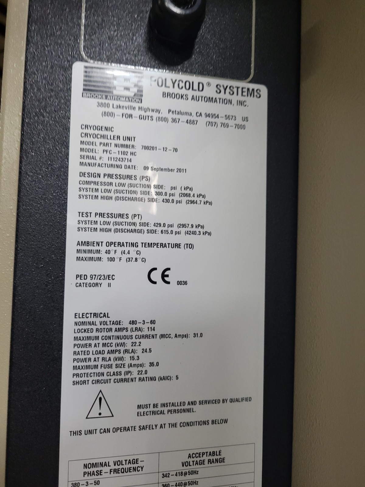 Brooks Polycold PFC-1102 HC 700201-12-70 Cryochiller Water Vapor Cryopump