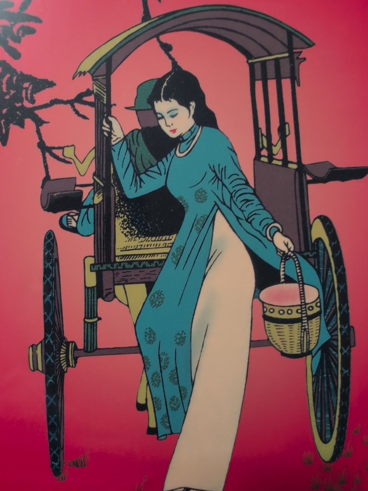 Colorful lacquered wood plaque Vietnamese Woman Rickshaw In 8"By 11.5