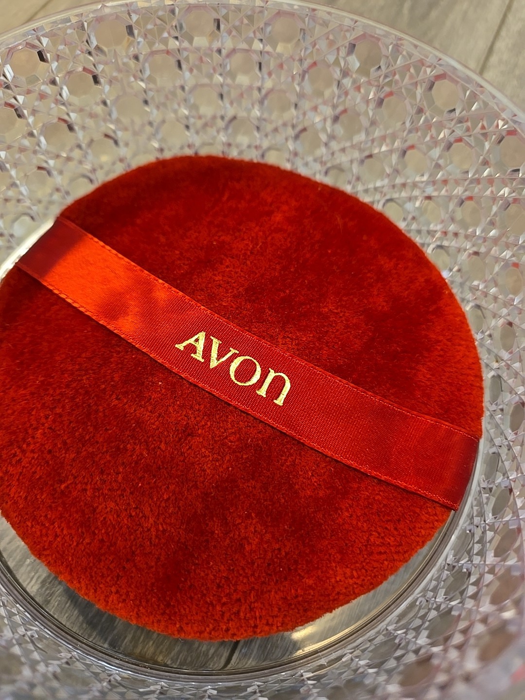 Vintage Avon Powder Box Hollywood Regency Cut Crystal Plastic w Red Puff Vanity