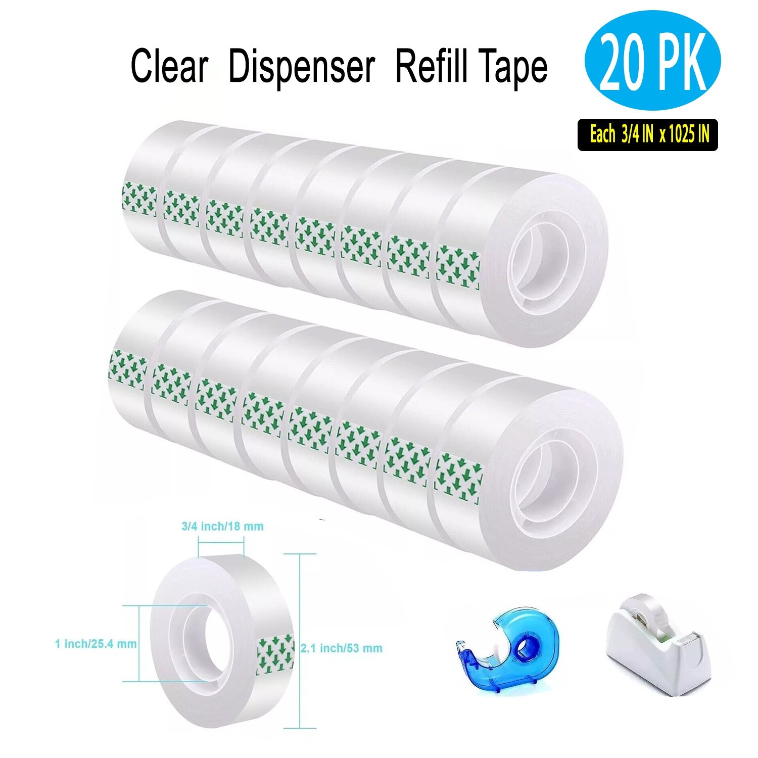 Clear Transparent Tape Rolls 3/4" x 1025" Dispenser Refill 20 Tape Rolls Scotch