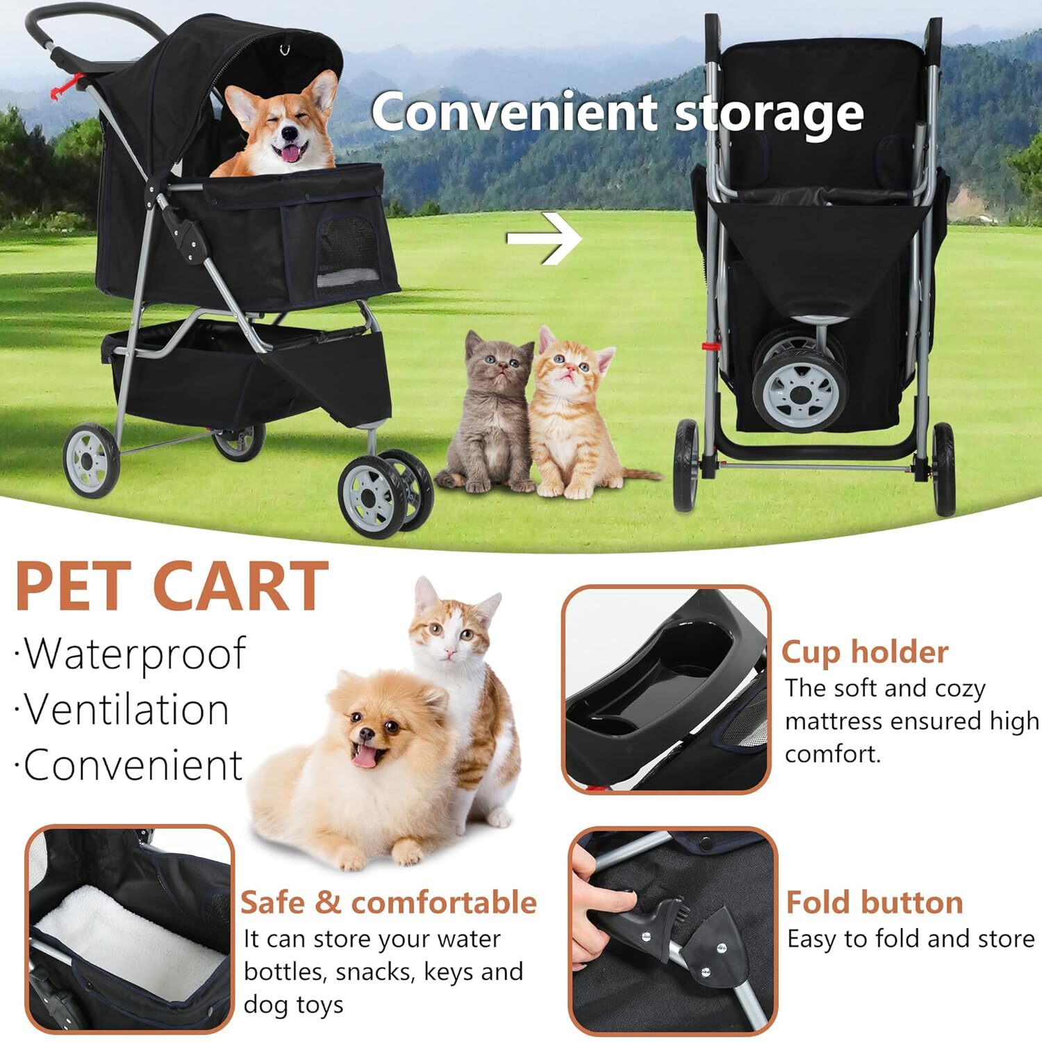3 Wheels Travel Folding Pet Stroller for Small Medium Dog Cat Jogger Stroller