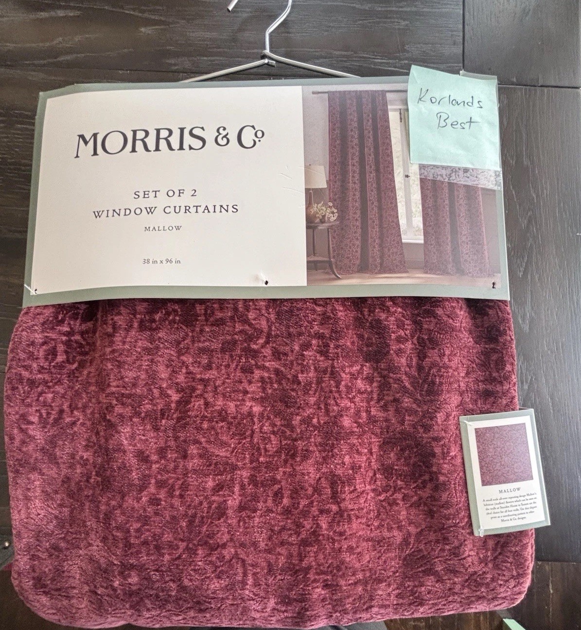 Morris & Co Mallow Burgundy Velvet Floral Back Tap Window Curtain 96” 2 Panels