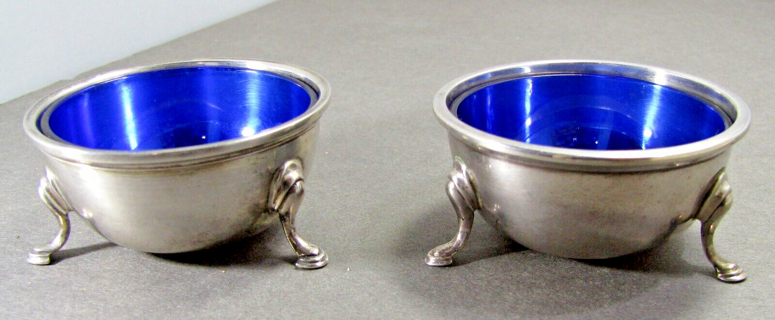 Sterling Silver Open Salt Cellars Pair with Cobalt Blue Liners