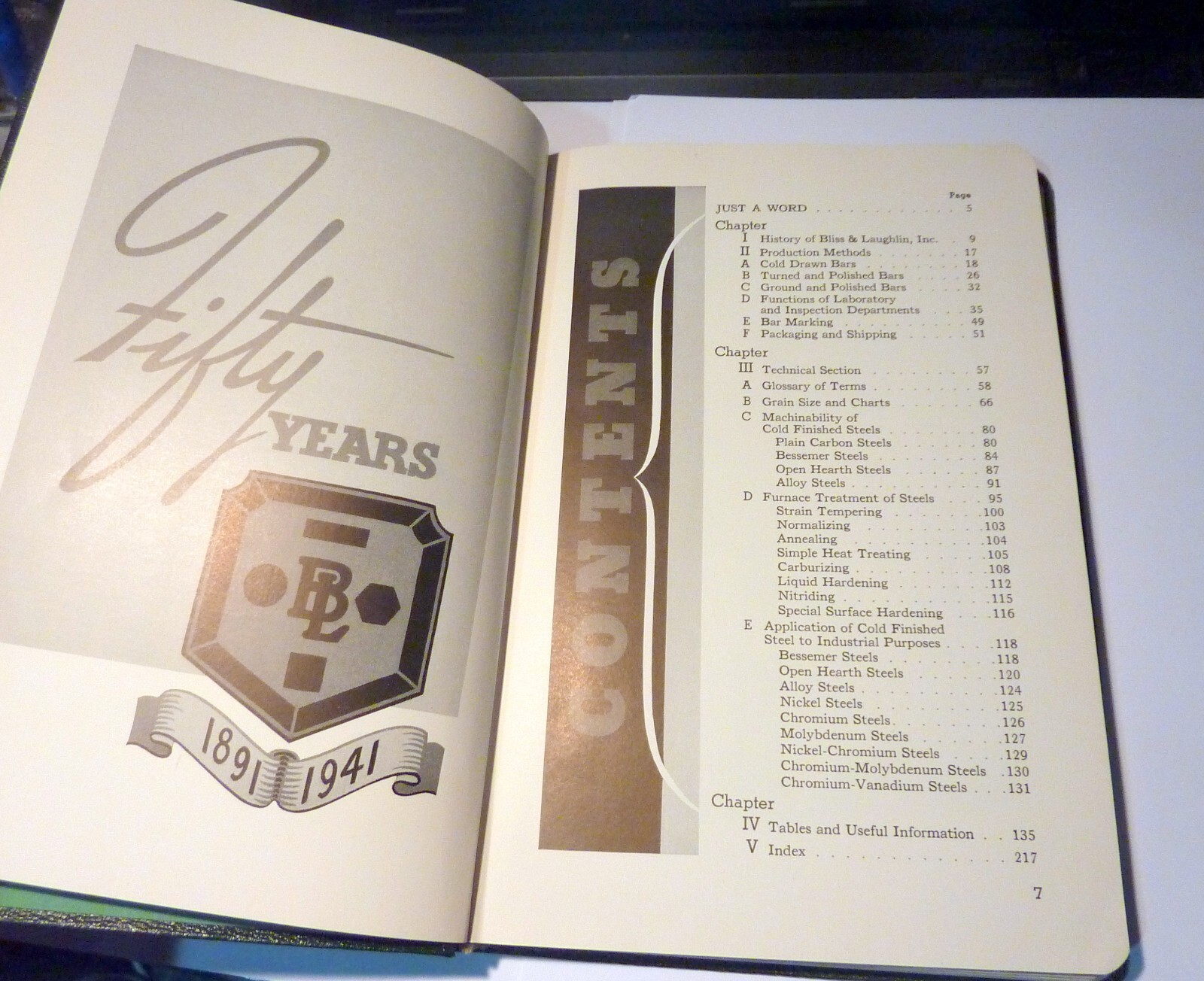 1941 BLISS LAUGHLIN INC COLD FINISHED BAR STEELS 50 YEARS BOOK STEEL US HISTORY