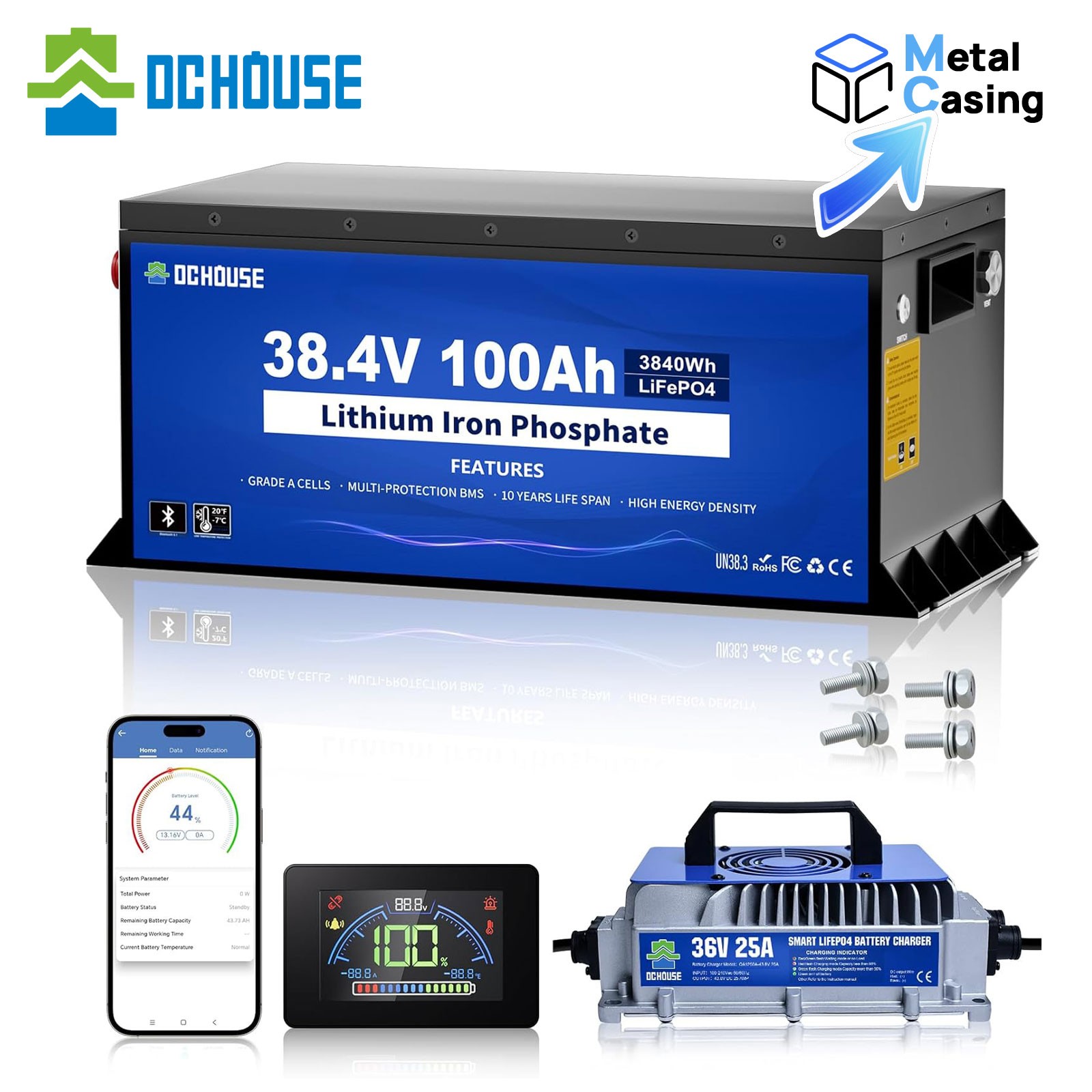 36V 100AH Metal Case Lifepo4 Lithium Golf Cart Battery with 36V 25A Charger BMS